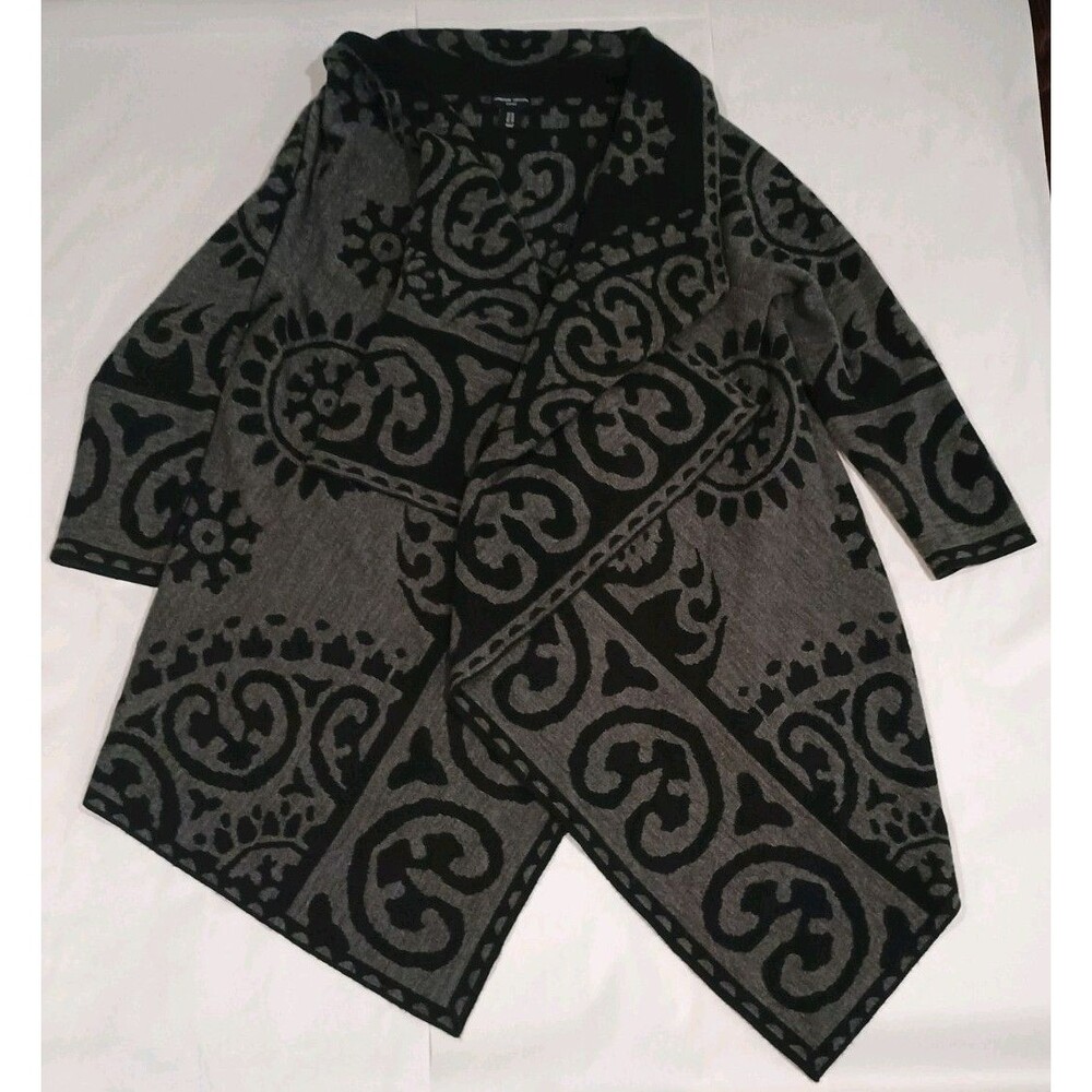 Adrienne Vittadini 1X Wool Blend Drape Open Front Sweater Cardigan Gray/Black
